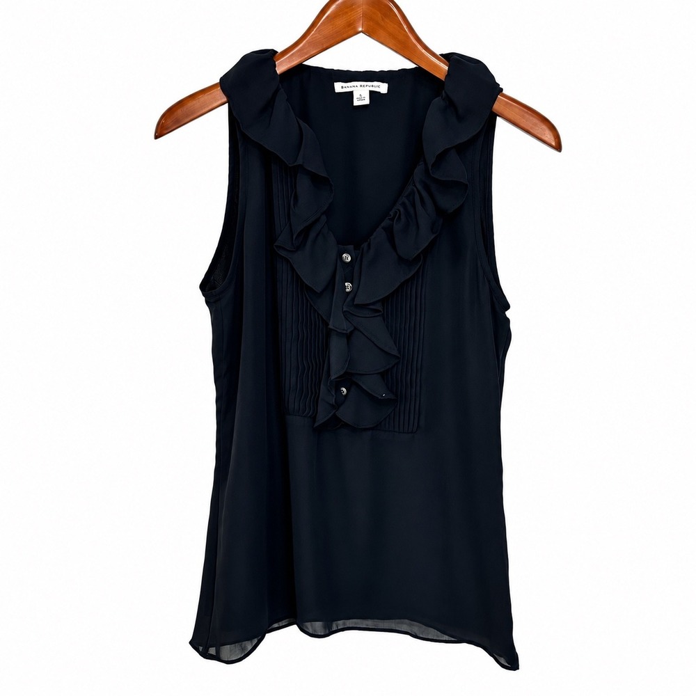 Banana Republic Black Ruffle Pintuck Sleeveless Blouse Top Size 2 Chiffon V-Neck